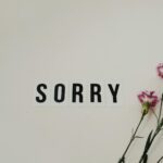 word sorry beside flowers on white surface